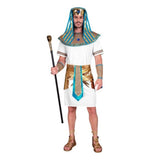 Men's Pharaoh Costume — A white knee-length tunic with gold trim, worn with a wide gold collar, a patterned belt, a pair of 