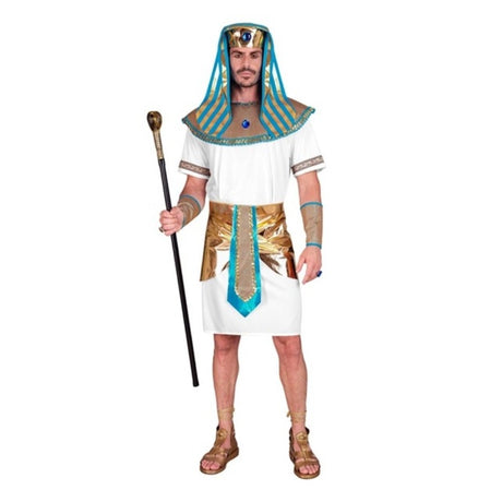 Men's Pharaoh Costume — A white knee-length tunic with gold trim, worn with a wide gold collar, a patterned belt, a pair of 
