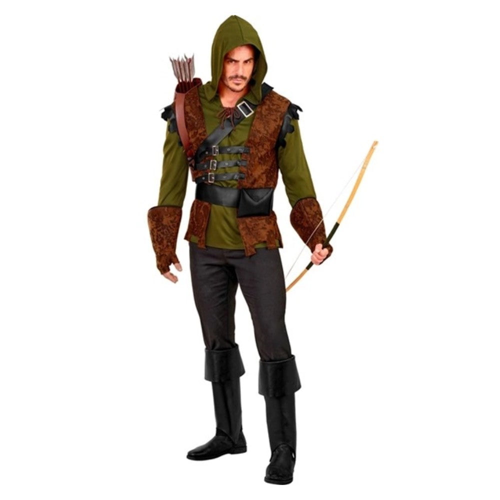 Men's Sherwood Outlaw Costume — A green hooded shirt with a brown waistcoat sewn over it, worn with a sash, a studded belt with a po