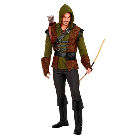 Men's Sherwood Outlaw Costume — A green hooded shirt with a brown waistcoat sewn over it, worn with a sash, a studded belt with a po