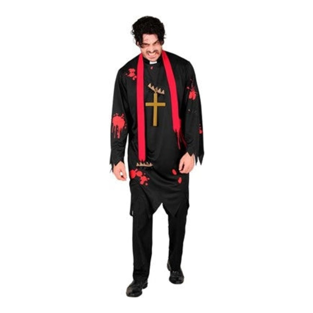 Men's Zombie Priest Costume with blood-stained cassock, red stole and cross