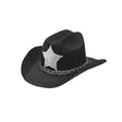 Mini Cowboy Hat with Sheriff Star — A miniature black felt-look cowboy hat with a gold sheriff star on the front of the crown.