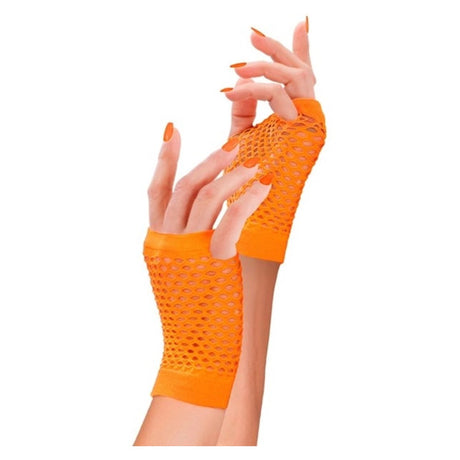 Neon Orange Fishnet Fingerless Gloves — view 2