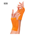 Neon Orange Fishnet Fingerless Gloves — A pair of short neon orange fishnet gloves with an open mesh weave and the fingers left free.