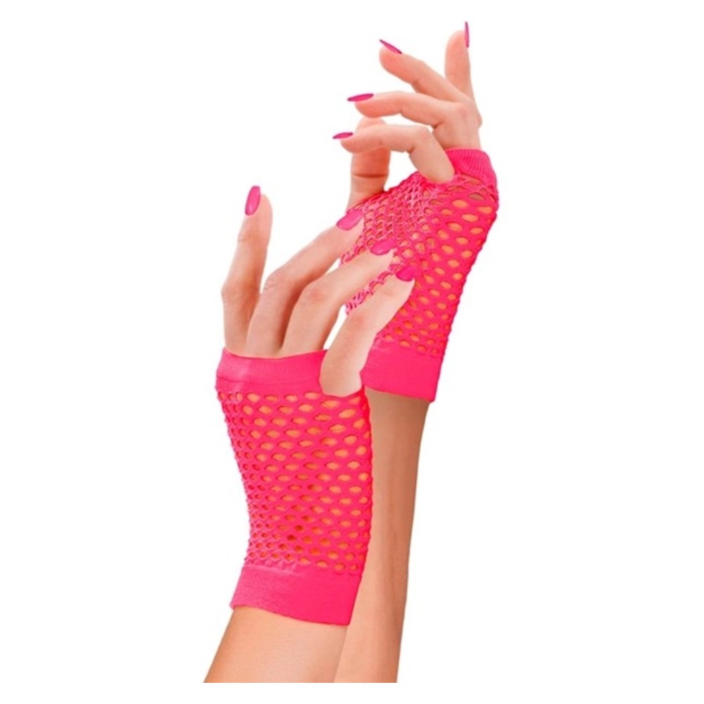 Neon Pink Fishnet Fingerless Gloves — view 2