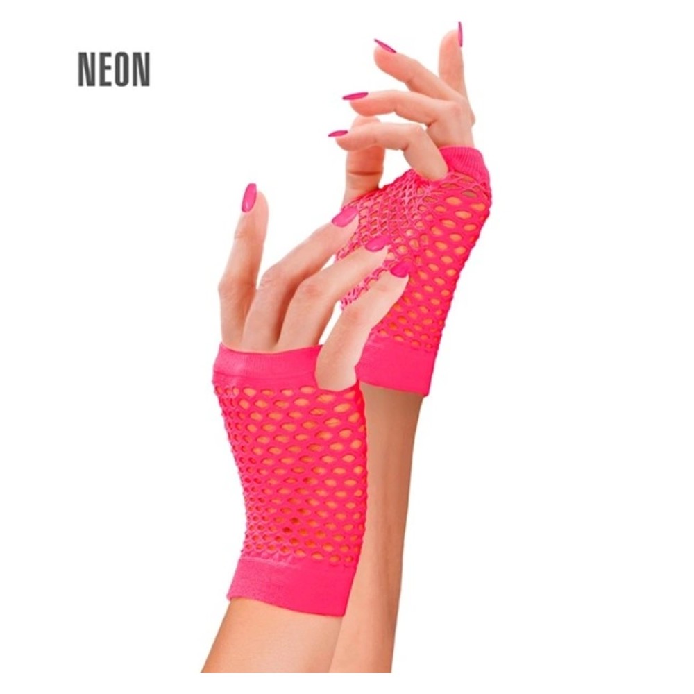 Neon Pink Fishnet Fingerless Gloves — A pair of short neon pink fishnet gloves with an open mesh weave and the fingers left free.
