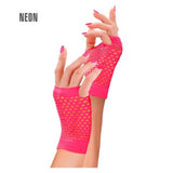 Neon Pink Fishnet Fingerless Gloves — A pair of short neon pink fishnet gloves with an open mesh weave and the fingers left free.