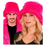Neon pink plush bucket hat worn by two models