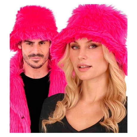 Neon pink plush bucket hat worn by two models
