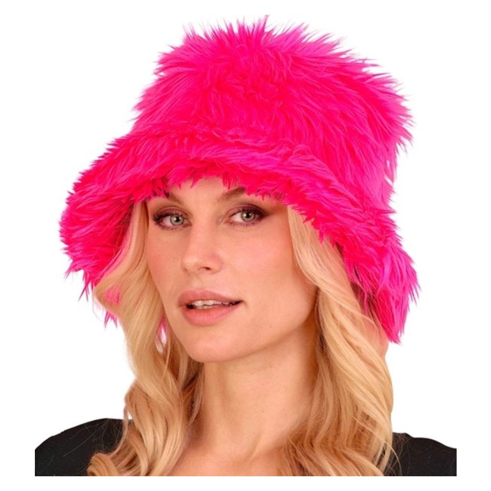Neon pink plush bucket hat worn, close-up