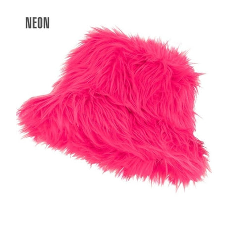 Neon pink faux fur plush bucket hat