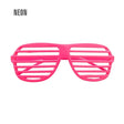 Neon Pink Shutter Glasses — A pair of neon pink shutter glasses with horizontal slats across the front in place of lenses.