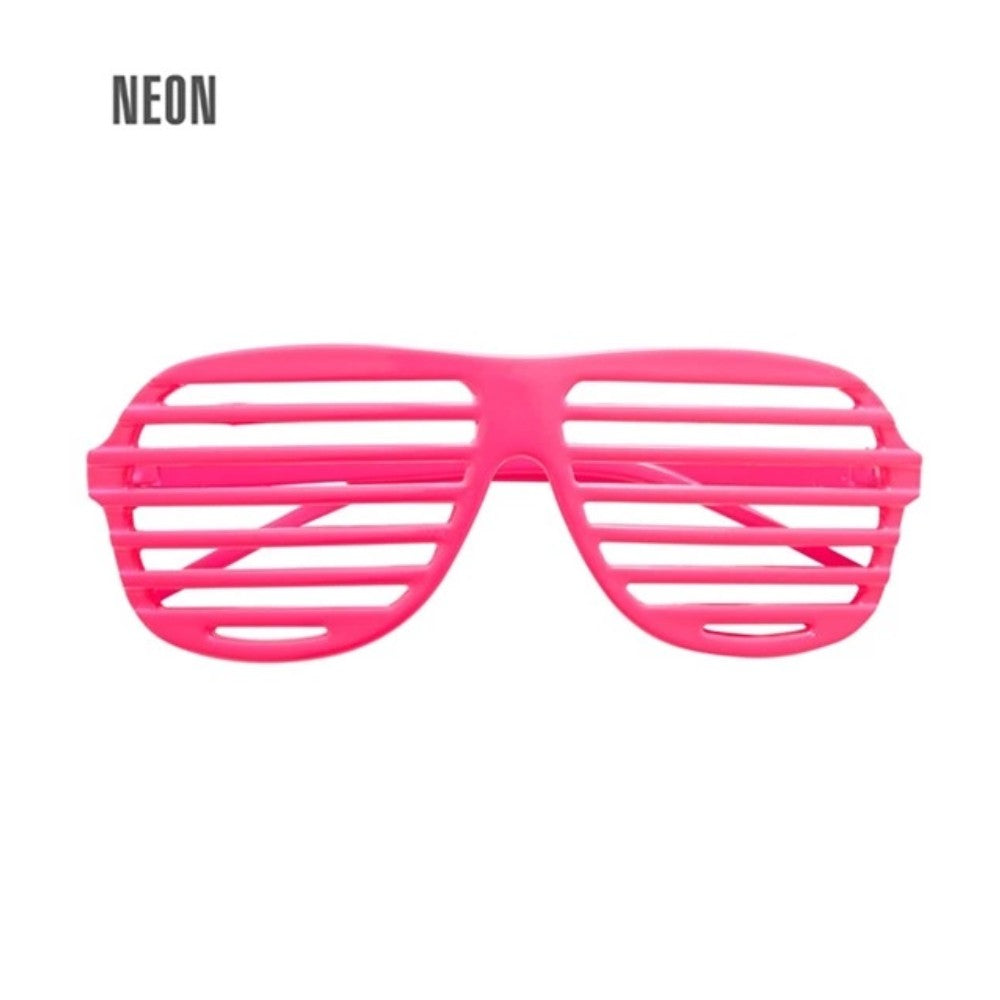 Neon Pink Shutter Glasses — A pair of neon pink shutter glasses with horizontal slats across the front in place of lenses.