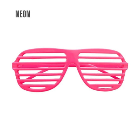 Neon Pink Shutter Glasses — A pair of neon pink shutter glasses with horizontal slats across the front in place of lenses.