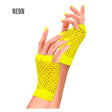 Neon Yellow Fishnet Fingerless Gloves — A pair of short neon yellow fishnet gloves with an open mesh weave and the fingers left free.