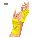 Neon Yellow Fishnet Fingerless Gloves — A pair of short neon yellow fishnet gloves with an open mesh weave and the fingers left free.