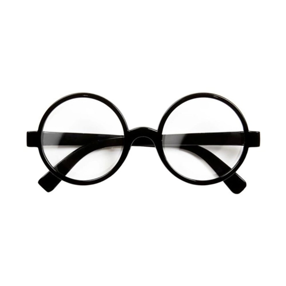Novelty Student Glasses — A pair of thick-rimmed black plastic glasses with clear lenses and straight arms.