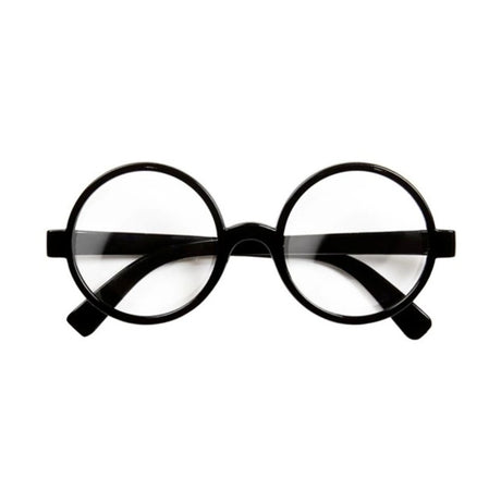 Novelty Student Glasses — A pair of thick-rimmed black plastic glasses with clear lenses and straight arms.