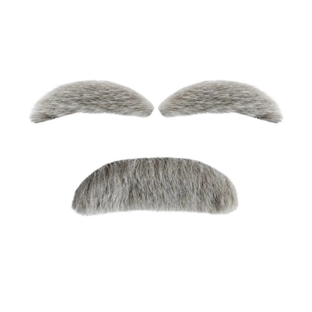 Old Man Moustache and Eyebrows Set — A grey-white bushy moustache with a matching pair of oversized eyebrows to stick above the eyes.