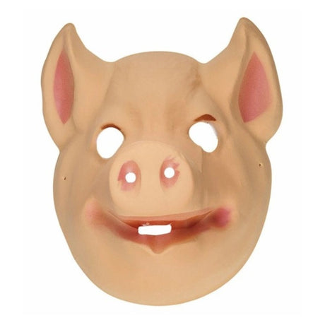 Pig Mask — A moulded plastic face mask in pink with a raised snout, small folded ears and a fixed grin.