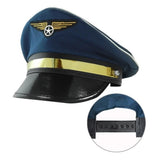 Pilot Hat — A black peaked cap in the airline captain style, with a gold braid band and a badge at the front.