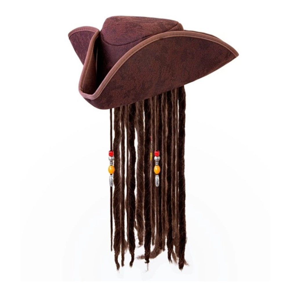 Pirate Tricorn Hat with Dreadlocks — A brown leather-look tricorn hat with the brim pinned up on three sides and dark dreadlocks sewn in 