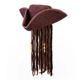 Pirate Tricorn Hat with Dreadlocks — A brown leather-look tricorn hat with the brim pinned up on three sides and dark dreadlocks sewn in 