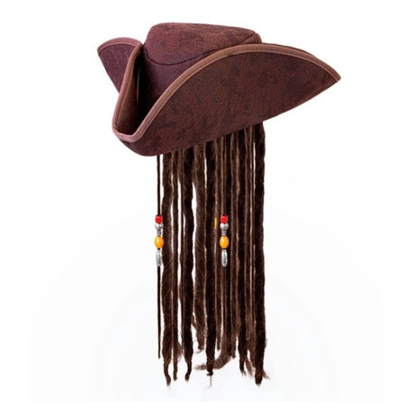 Pirate Tricorn Hat with Dreadlocks — A brown leather-look tricorn hat with the brim pinned up on three sides and dark dreadlocks sewn in 