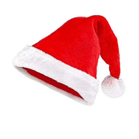 Plush Santa Hat — A red plush Santa hat with a thick white fur-look band at the brim and a white bobble at the tip.