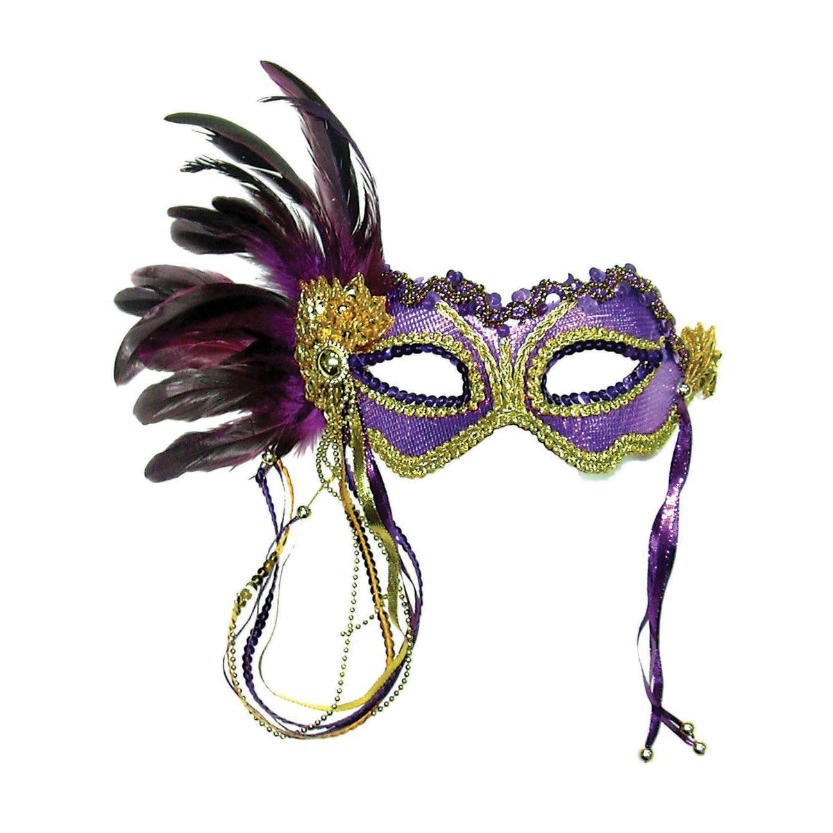 Purple Metallic Masquerade Mask with Feather