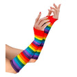 Rainbow Fingerless Gloves — A pair of fingerless gloves, 33cm long, knitted in horizontal rainbow stripes up the forearm.