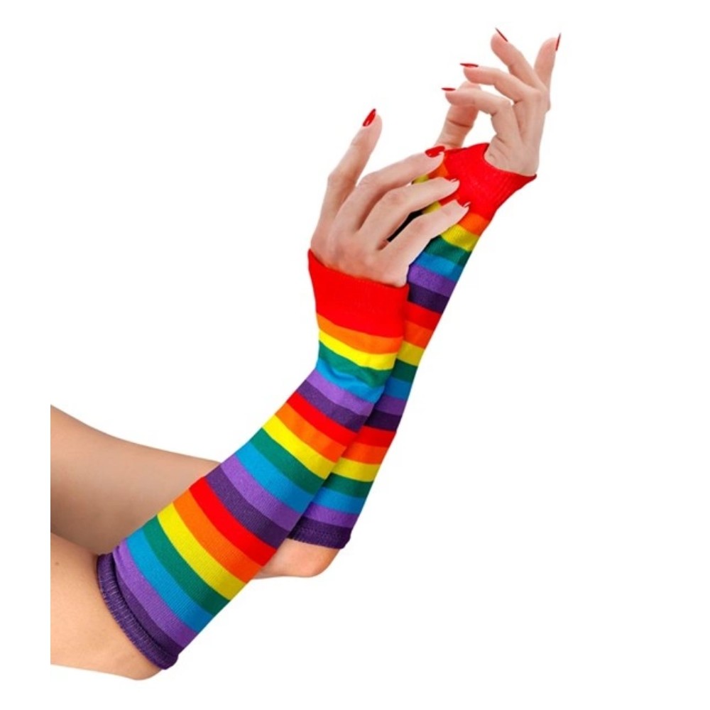 Rainbow Fingerless Gloves — A pair of fingerless gloves, 33cm long, knitted in horizontal rainbow stripes up the forearm.