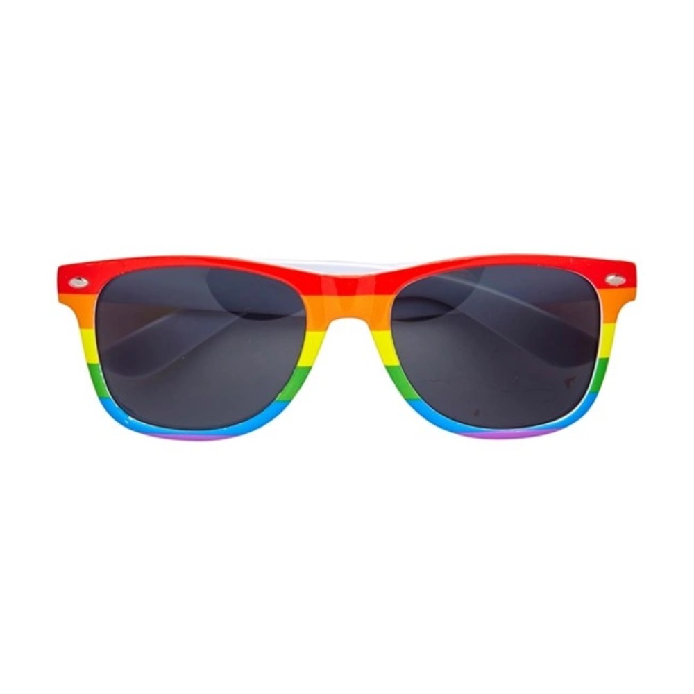 Rainbow Glasses — A pair of plastic novelty glasses with the frame striped in rainbow colours across the front and alo