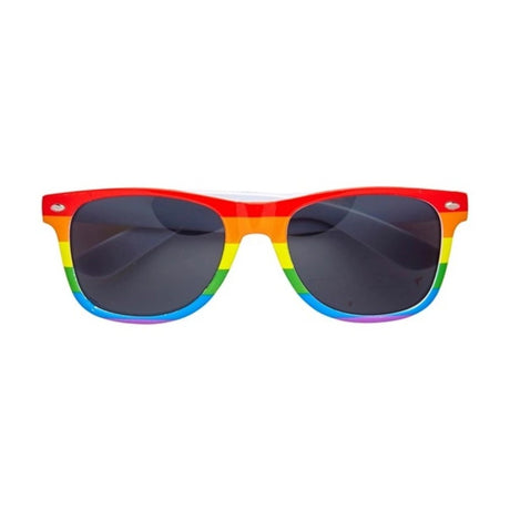 Rainbow Glasses — A pair of plastic novelty glasses with the frame striped in rainbow colours across the front and alo