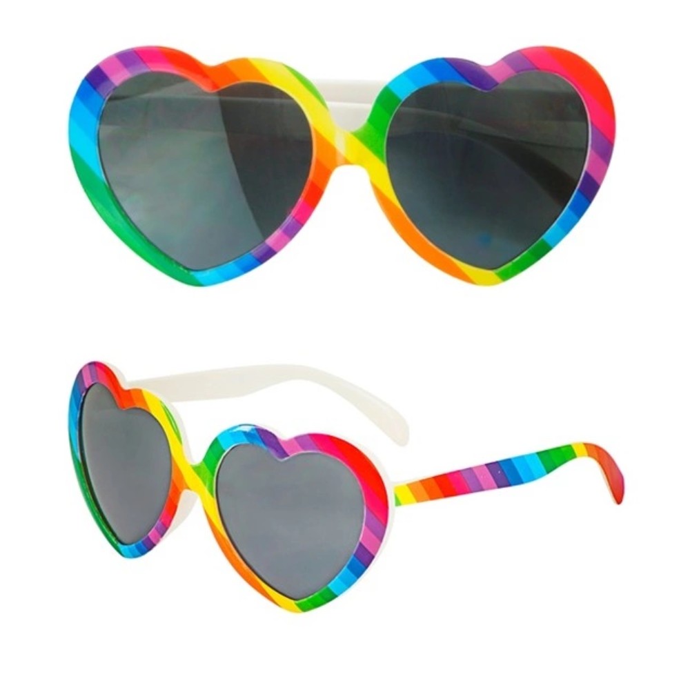 Rainbow Heart Glasses — A pair of heart-shaped novelty glasses with rainbow colouring across the frame.