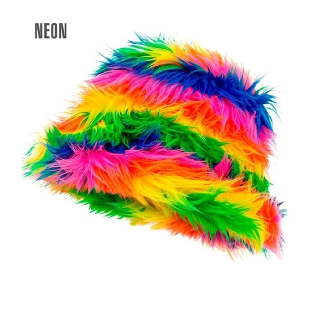 Rainbow Plush Bucket Hat — A soft bucket hat in fluffy rainbow-striped plush with a full downturned brim.