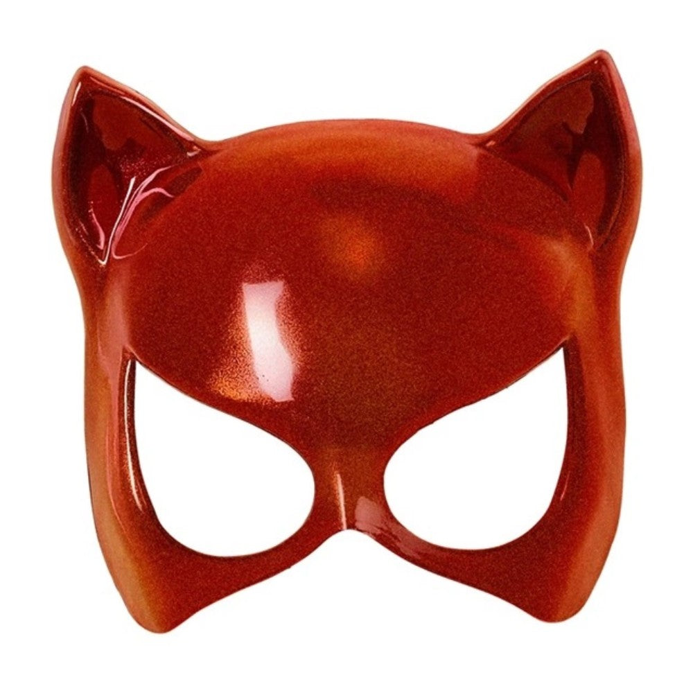 Red Cat Eye Mask — A deep red eye mask with upswept sides and pointed cat ears standing proud of the top edge.