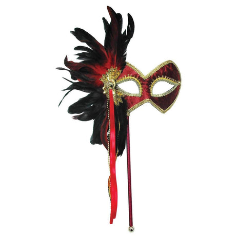 Red Feathered Masquerade Mask on a Stick