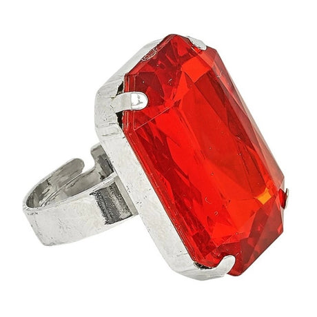 Red Gemstone Ring — A metal ring set with a large faceted red acrylic stone that sits well proud of the finger.