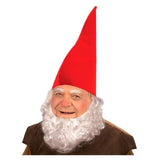 Red Gnome Hat — A tall red cone-shaped gnome hat in plain polyester, with a soft unlined point that tips forward whe