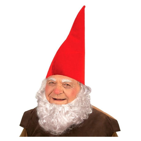 Red Gnome Hat — A tall red cone-shaped gnome hat in plain polyester, with a soft unlined point that tips forward whe