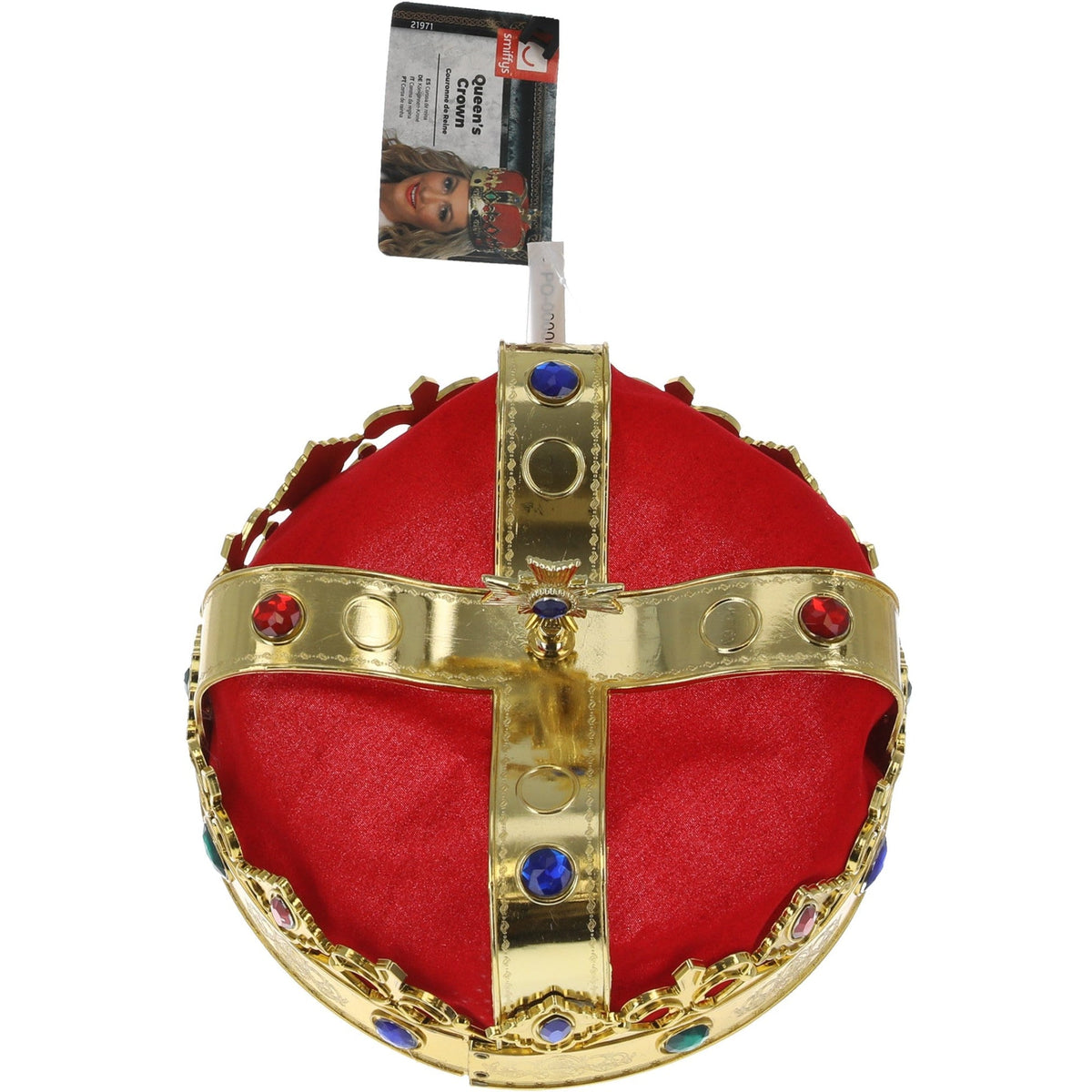 Red and gold queen's crown shown in its retail packaging