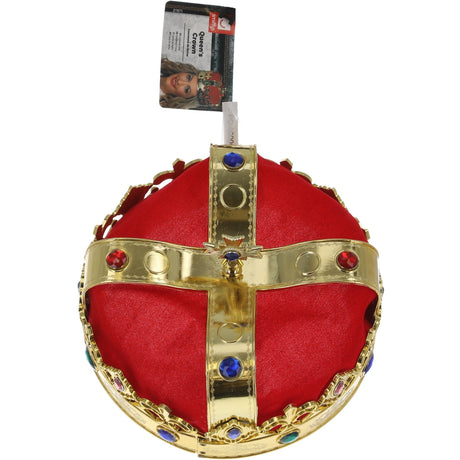 Red and gold queen's crown shown in its retail packaging