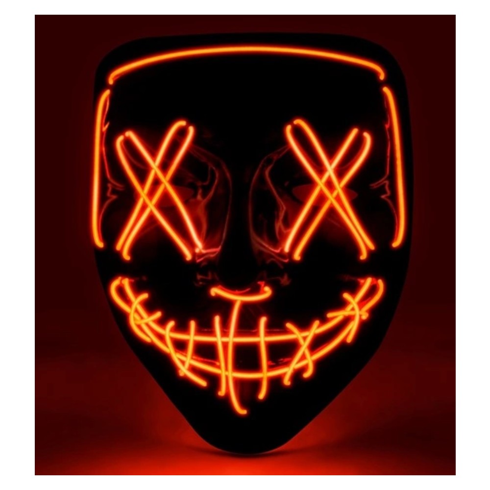 Red LED Horror Mask — A hard full-face mask with a drawn, hollow-eyed expression traced in glowing red LED lines.