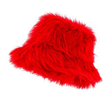 Red Plush Bucket Hat — A bright red bucket hat in fluffy polyester and acrylic plush with a soft downturned brim.