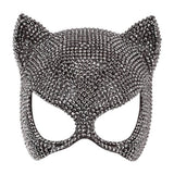 Rhinestone Cat Eye Mask — A black cat eye mask with pointed ears and clear rhinestones set around the eye openings and along t