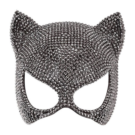 Rhinestone Cat Eye Mask — A black cat eye mask with pointed ears and clear rhinestones set around the eye openings and along t