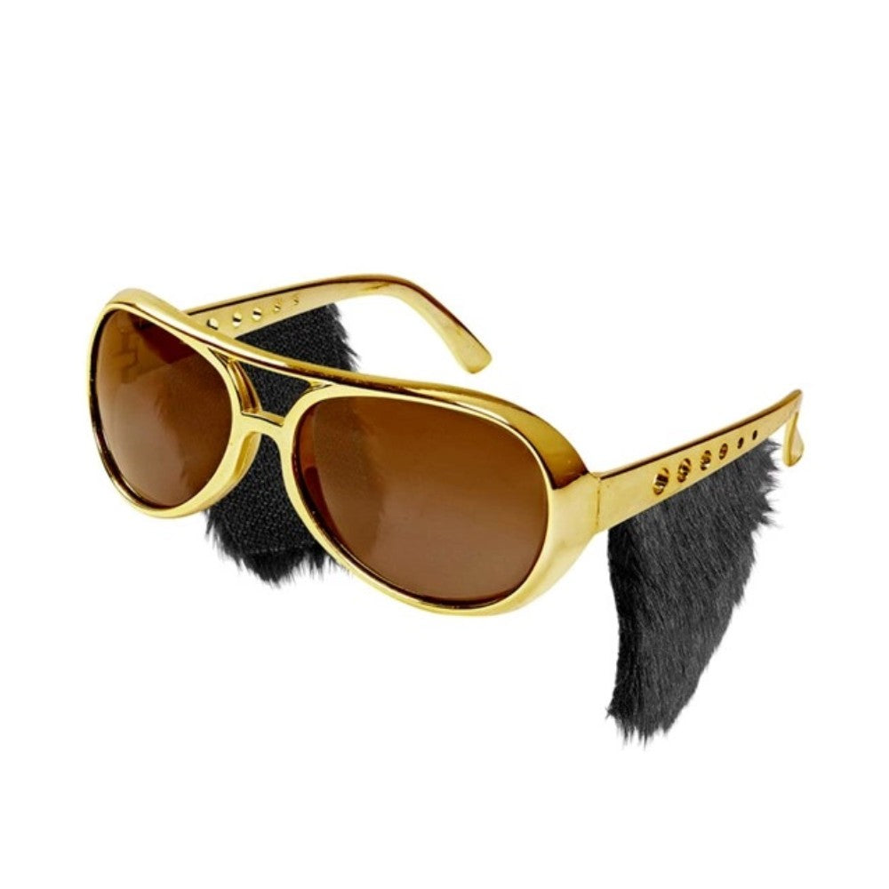 Rock'n'Roll Glasses with Sideburns — Gold-framed glasses with tinted lenses and a pair of black plastic sideburns fixed to the arms so th