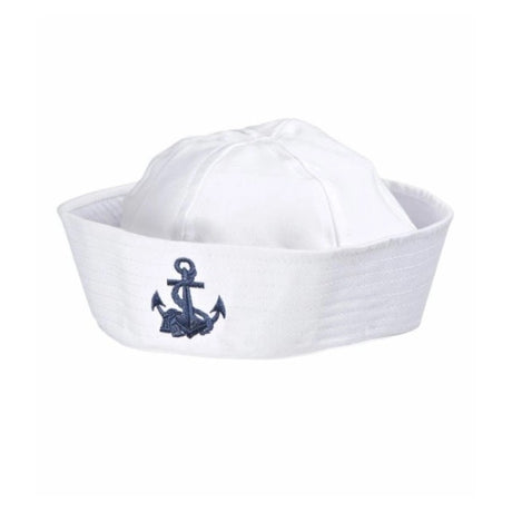 Sailor Hat with Anchor — A white polyester sailor cap with a turned-up brim and a blue anchor motif on the front.