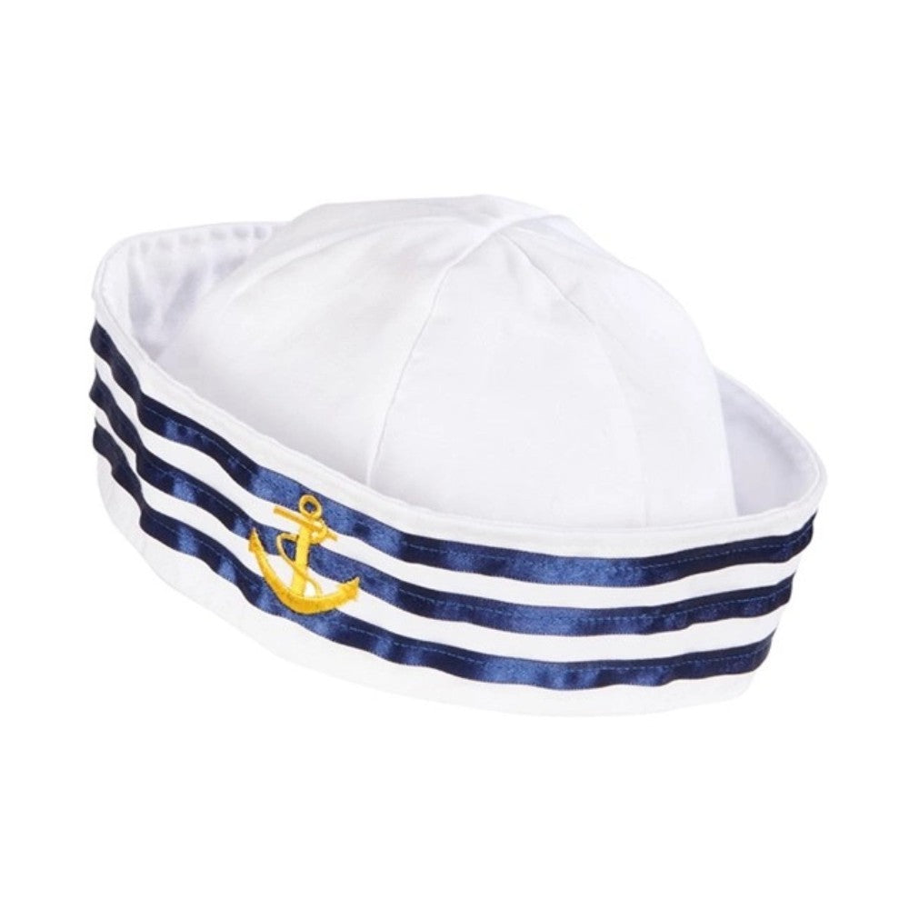 Sailor Hat — A plain white polyester sailor cap with a rolled brim and a rounded crown.